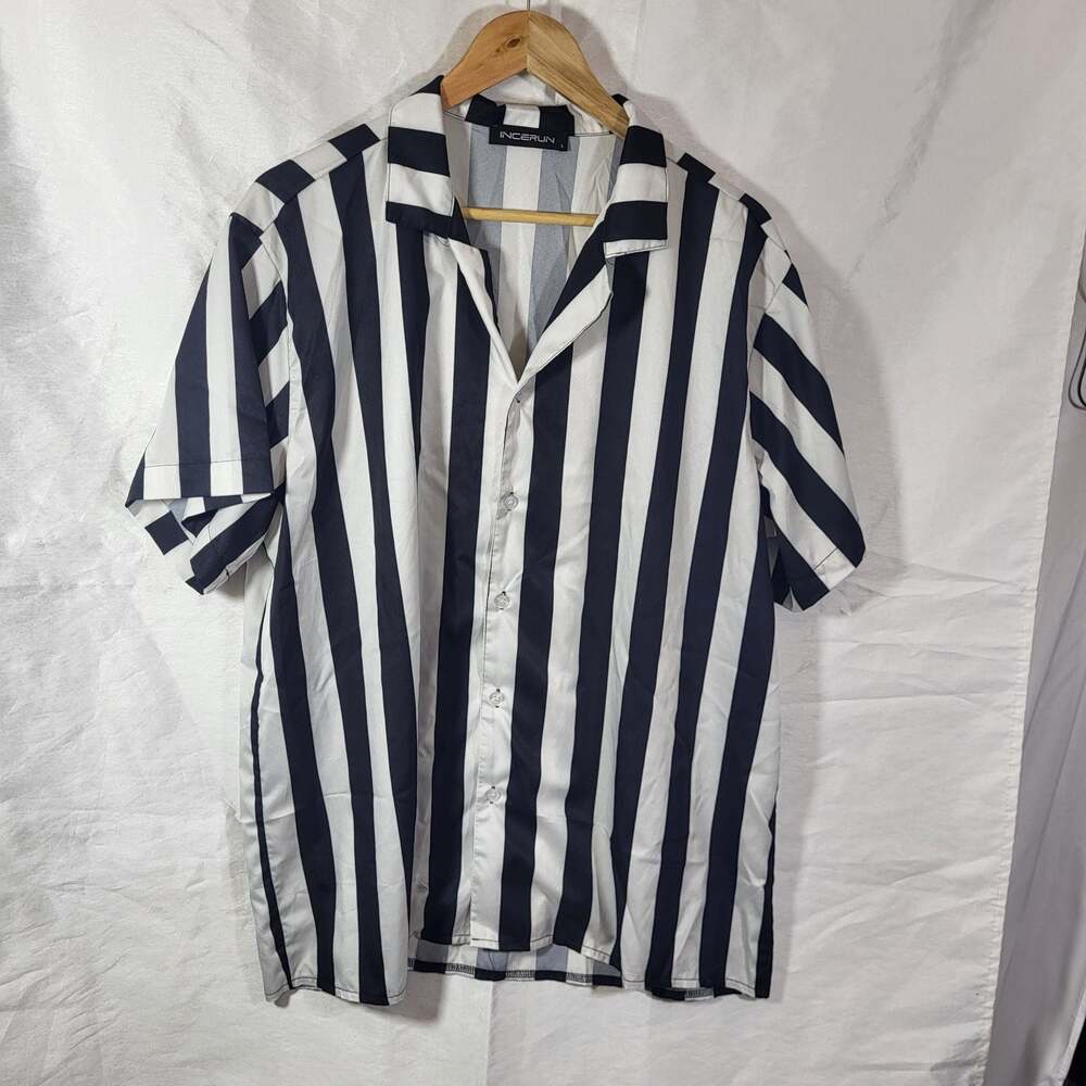 INCERUN Black and White Striped Short Sleeve Button Down Shirt Size L